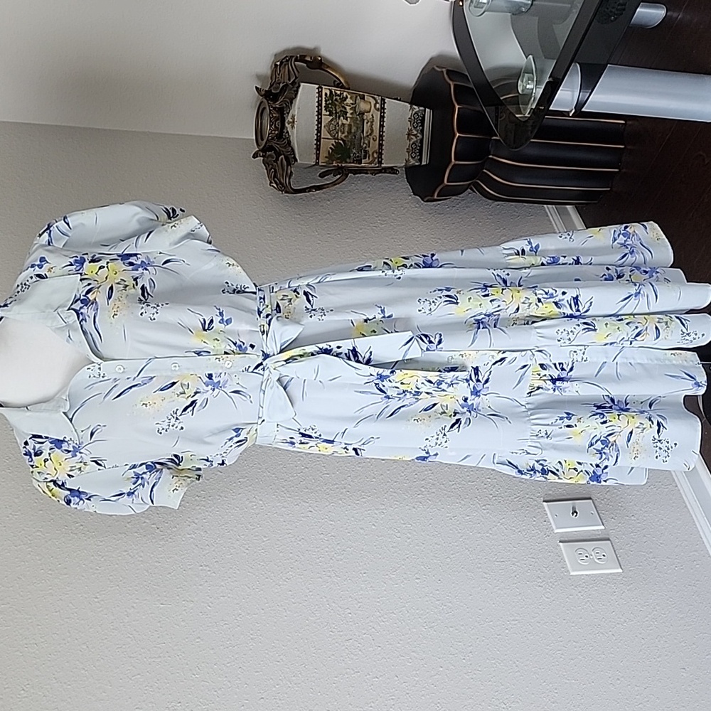 Alex Marie Sky Blue Floral Collared Button Down Dress